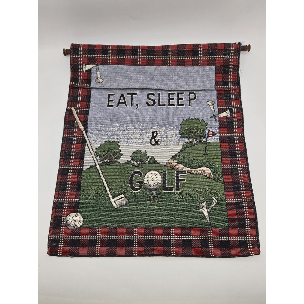 Eat Sleep Golf Tapestry Wall Hanging W.W. 2001 Plaid Golfer Wood Rod Decor